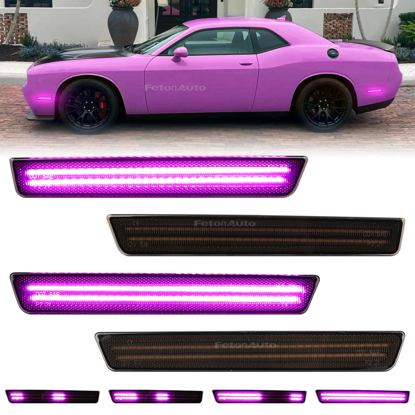 Сигнальные огни розового крыла с динамическим боковым маркером для Dodge Challenger 15-23 последовательных мигающих передних задних анимационных индикаторных ламп
