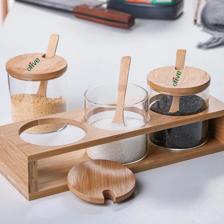 Small Bamboo Spice Jar Top Seal Organizer Spice Bottle Glass Kitchen Condiments