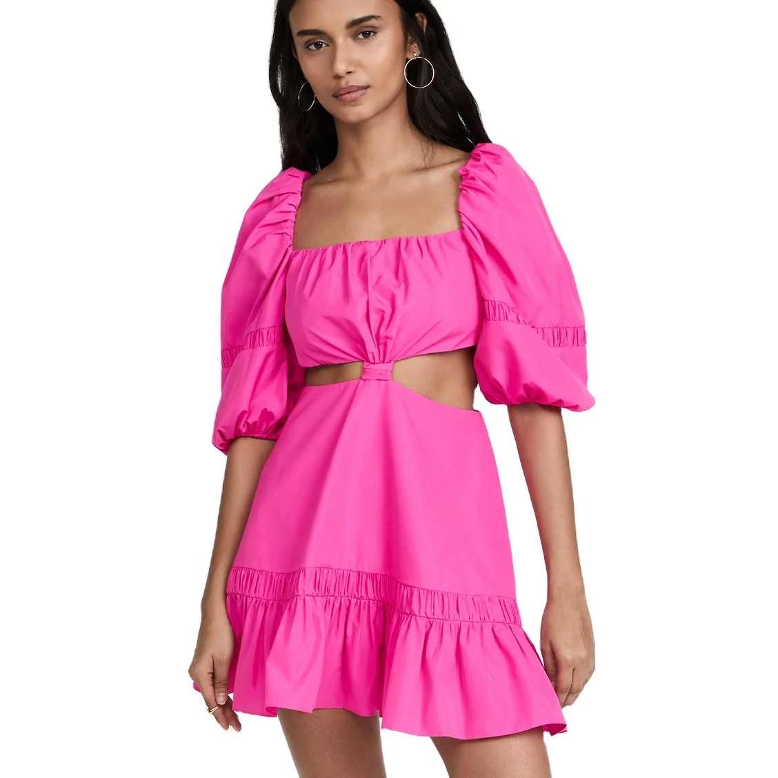 2022 China manufacturer Short sleeve open waist rose red maxi dress Ladies Pink dress