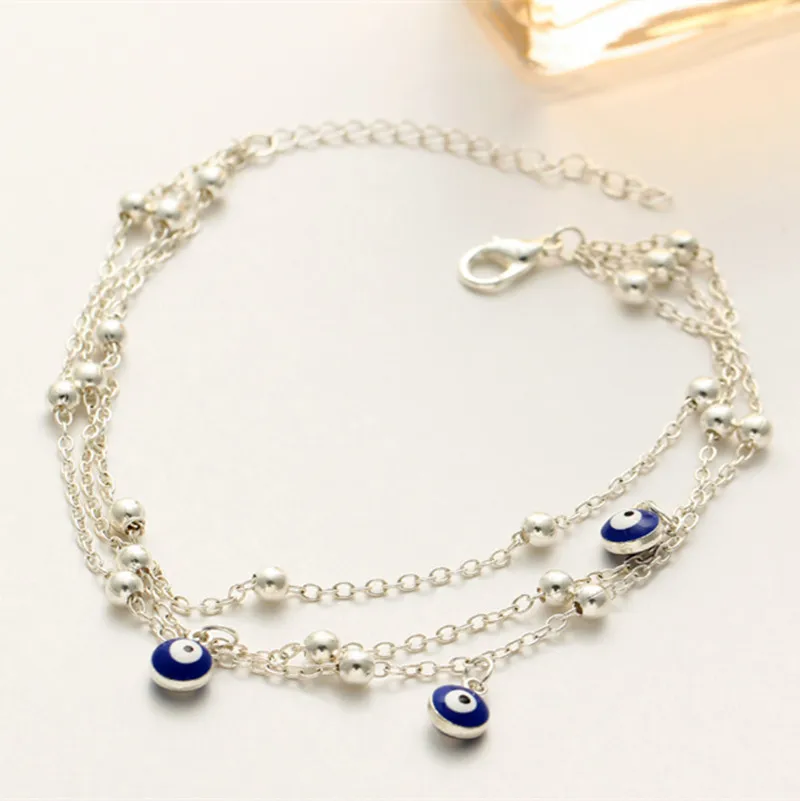 Fashion 2021 Wholesale Three Layer Chain Blue Eye Bead Anklet Turkey Evil Eyes Anklet for Women