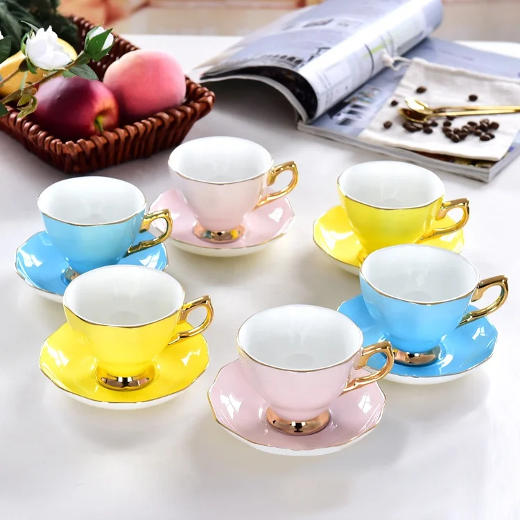 Wholesale Bulk Coffee Cup Gold Rim Color Glazed Ceramic Tea Cups and Saucers Afternoon Tea Cup