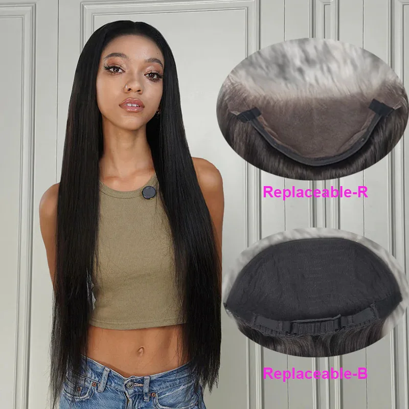 Replaceable Lace Closure Block Wig R for Replaceable Top B For Bottom Base Silky Straight Replacement Wigs Human Hair Lace Front