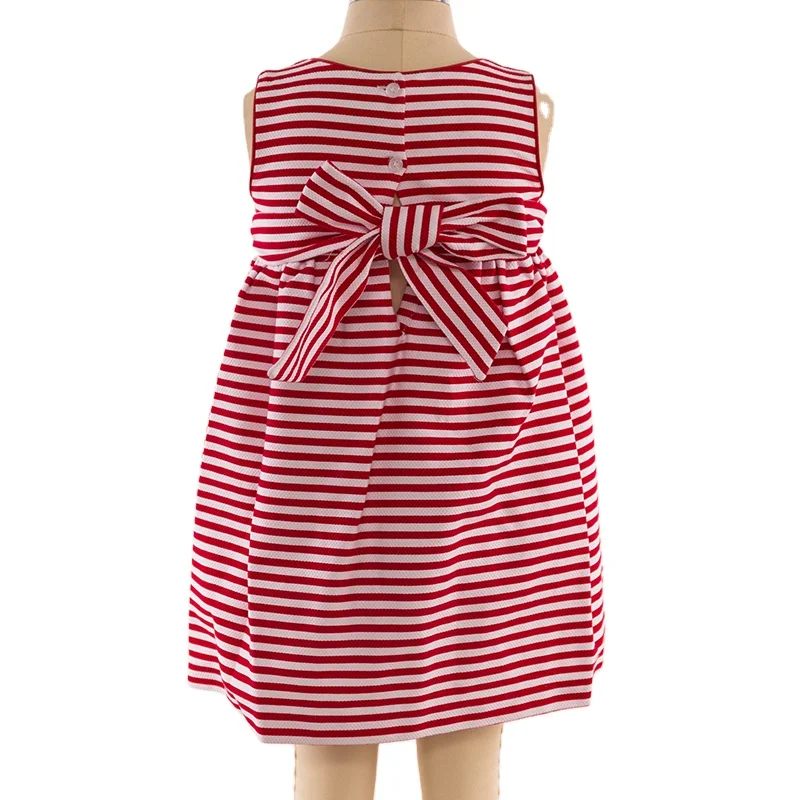 Finalz Wholesale Summer kids woven red and white stripe polyester flowers Sleeveless girls dress