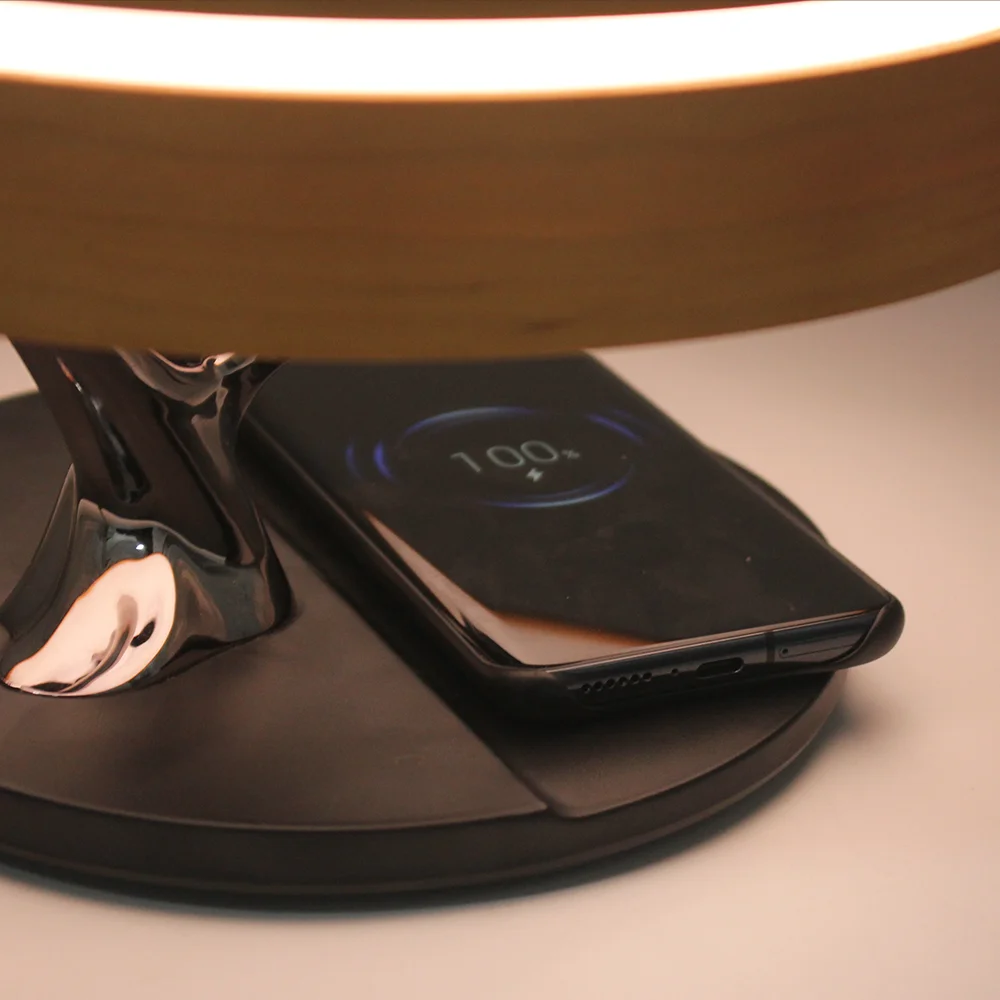 MESUN NEW Design tree Wooden bedroom Desk round lamp Wireless Phone Charger Night Lamp With TWS Dual Channels Stereo