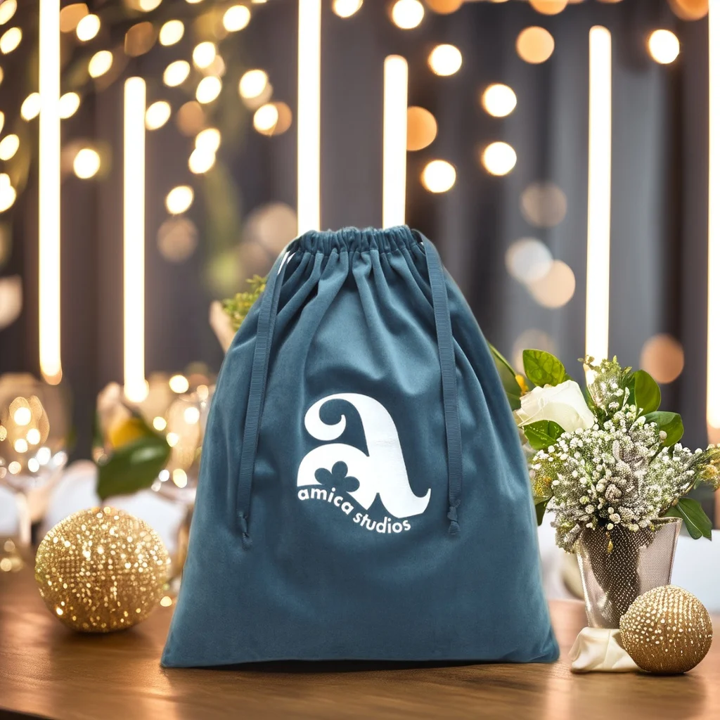 Custom Logo Printed Large Blue Velvet Shoe Hair Shopping Bag Dust Pouch Clothes Packaging Drawstring Gift Velvet Bag