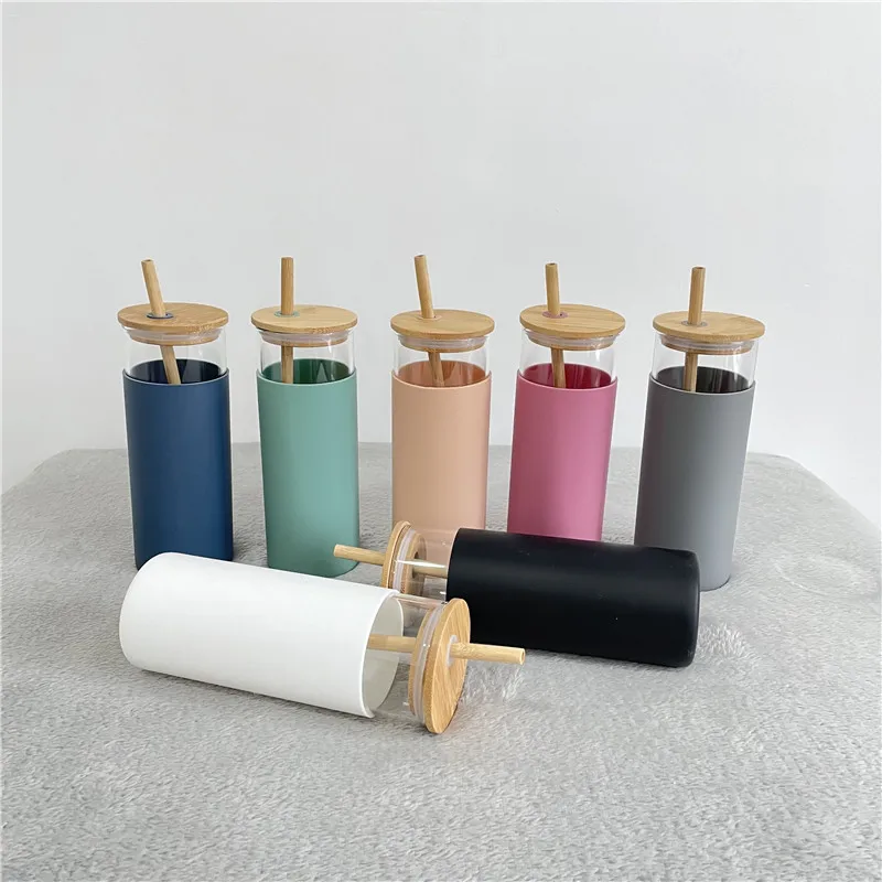 500ml 17oz Crystal Clear glass Bubble Boba Tea Glass Cup travel tumblers with Bamboo Lid for drinking