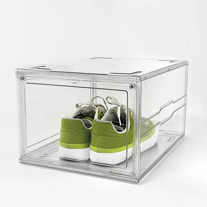 Clear Double Front/Side Foldable Doors Magnetic Stackable Shoe Cosmetic Box & Bin Case Storage Sneaker Organizer Transparent PET