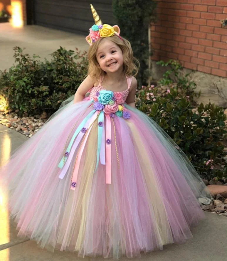 Fancy Kids Clothes Gown Handmade Princess Flower Party Tutu Girls Dress With Headwear