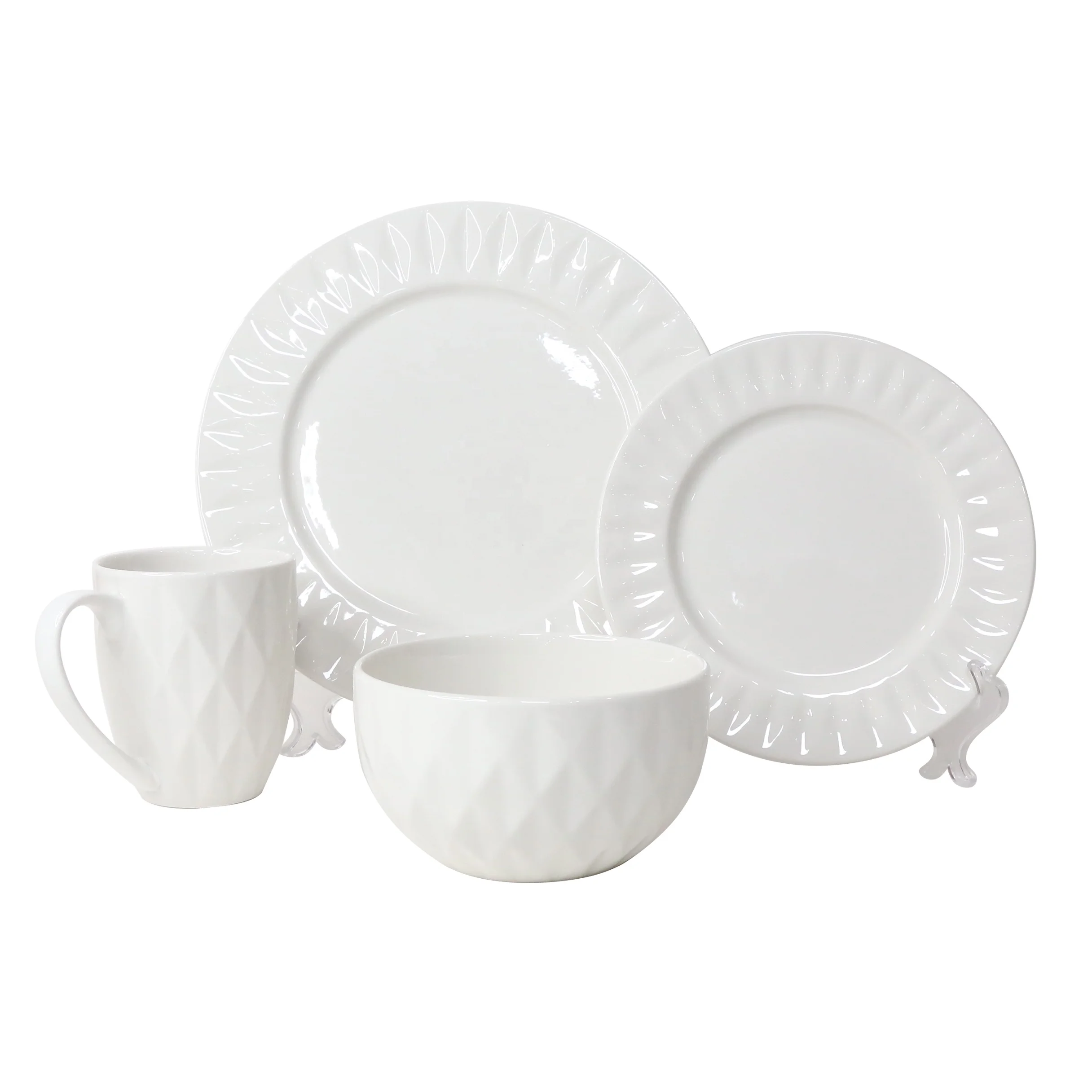 Hotel Restaurant Ceramics Tableware Pure White Embossed Plates Dinner Set Dinnerware Sets Fine Porcelain New Design 16 Pcs