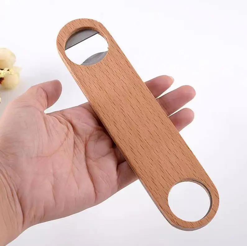 DIY Wooden Handle Stainless Steel Large Flat Beer Bottle Opener Kitchen Tools Bar Beer Wine Openers Custom Logo