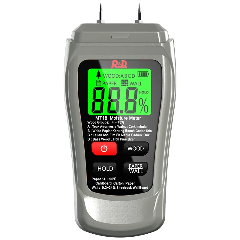 R&D MT-18 Grey 0-99.9% Two Pins Digital Wood Moisture Meter Paper Humidity Tester Wall Hygrometer Timber Damp Detector