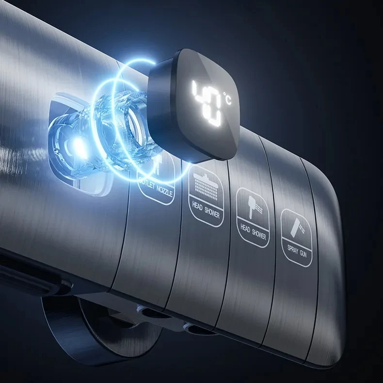 Dark Grey Smart Shower Digital Display No Battery 4 Way Rainfall Piano Shower Set Mixer With Thermostatic valve Shower System