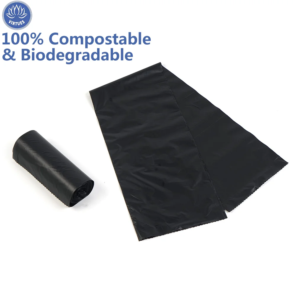 VIRTUES Printed Logo Corn Starch 100% Biodegradable Compostable Reusable Flat T-shirt 13 Gallon Waste Trash Rubbish Garbage Bag