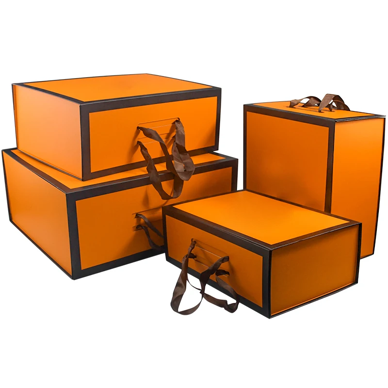 Luxury orange cardboard clothes scarf towel packaging folding paper gift box with with black ribbon