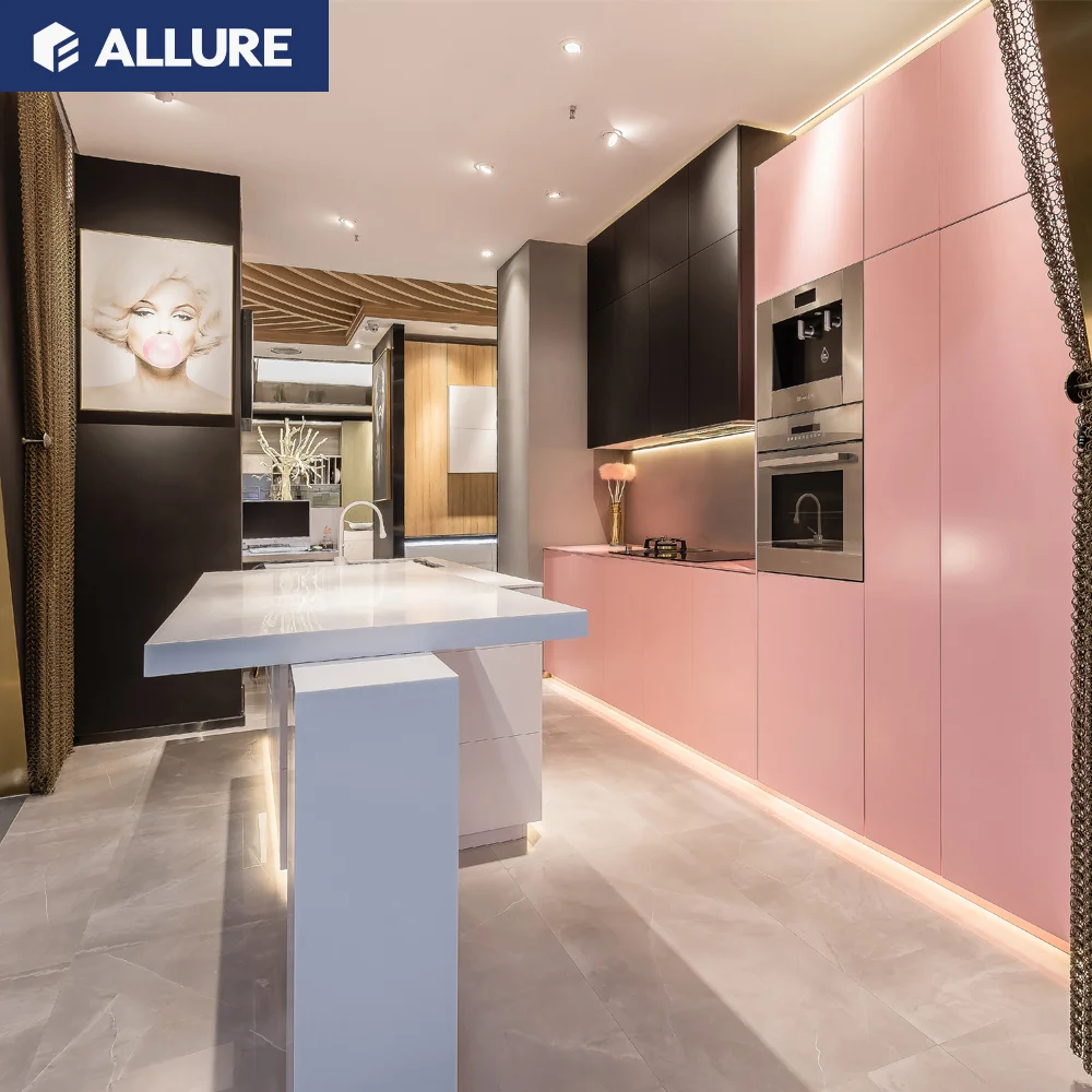 Allure hong kong plastic pantry red metal kitchen cabinets supplier with high gloss vinyl wrap doors