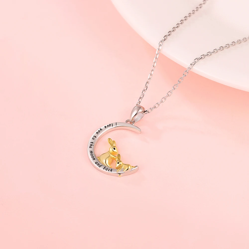 925 Sterling Silver I Love You to The Moon and Back Necklace Double Bunny Rabbit Necklace Jewelry Gifts for Women Mom Daughter