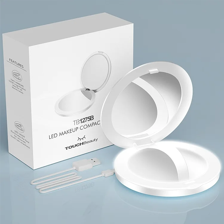 TOUCHBeauty 1X/2X dual-sided magnification pocket mirror handheld LED light makeup mirror rechargeable mirror