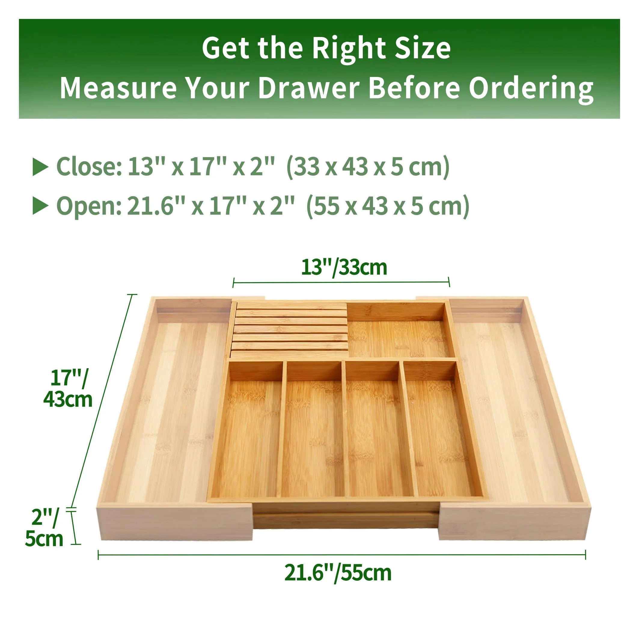 Bamboo Silverware Drawer Organizer with Knife Block Expandable Wooden Cutlery Tray Kitchen Utensil Organizer with Drawer Divide