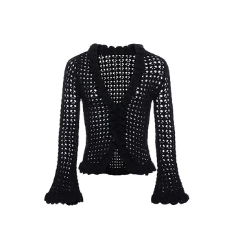 DLDM Custom Design OEM&ODM Manufacture Vintage Hollowed Crochet Bell Sleeve Ruffled Cuffs Knitted Long Cardigan Woman Sweater