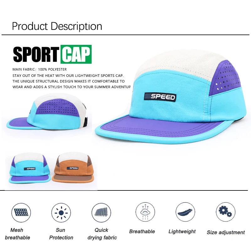 Custom Logo Laser Cut Perforations 5 Panel Running Cap Waterproof 5 Panel Performance Hat