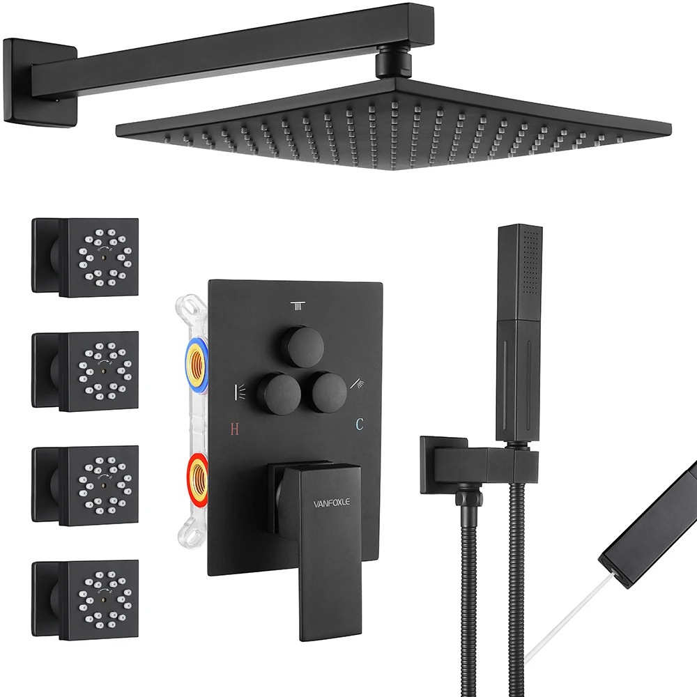 Modern 10 Inch Ceiling Rain Shower System Flush-Mounted shower concealed mixer shower system faucet sets With body jets black
