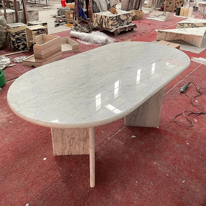 Customized Modern Design Luxury Furniture Carrara White Marble Oval Shape Natural Marble Dining Table for Living Room Hotel