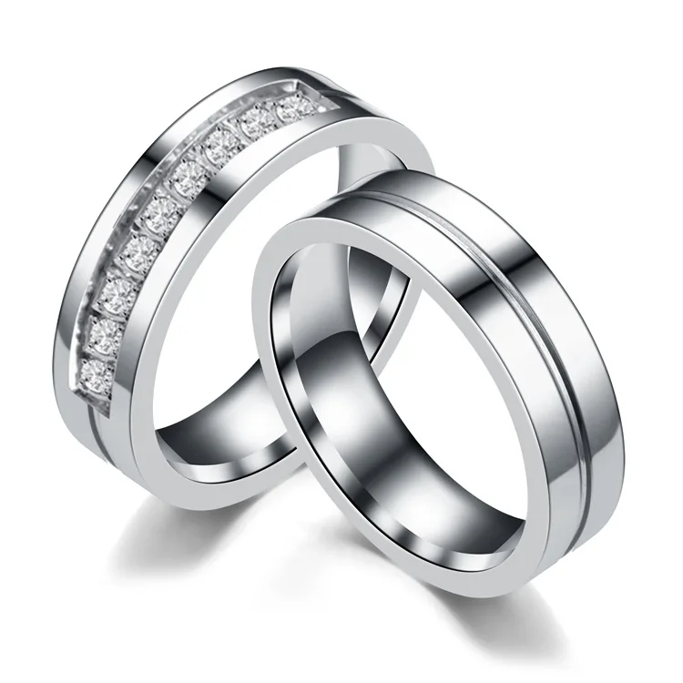 CZ Crystal Lover Jewelry Stainless Steel 18K Gold Plated Couple Wedding Rings Bands OEM/ODM Accept