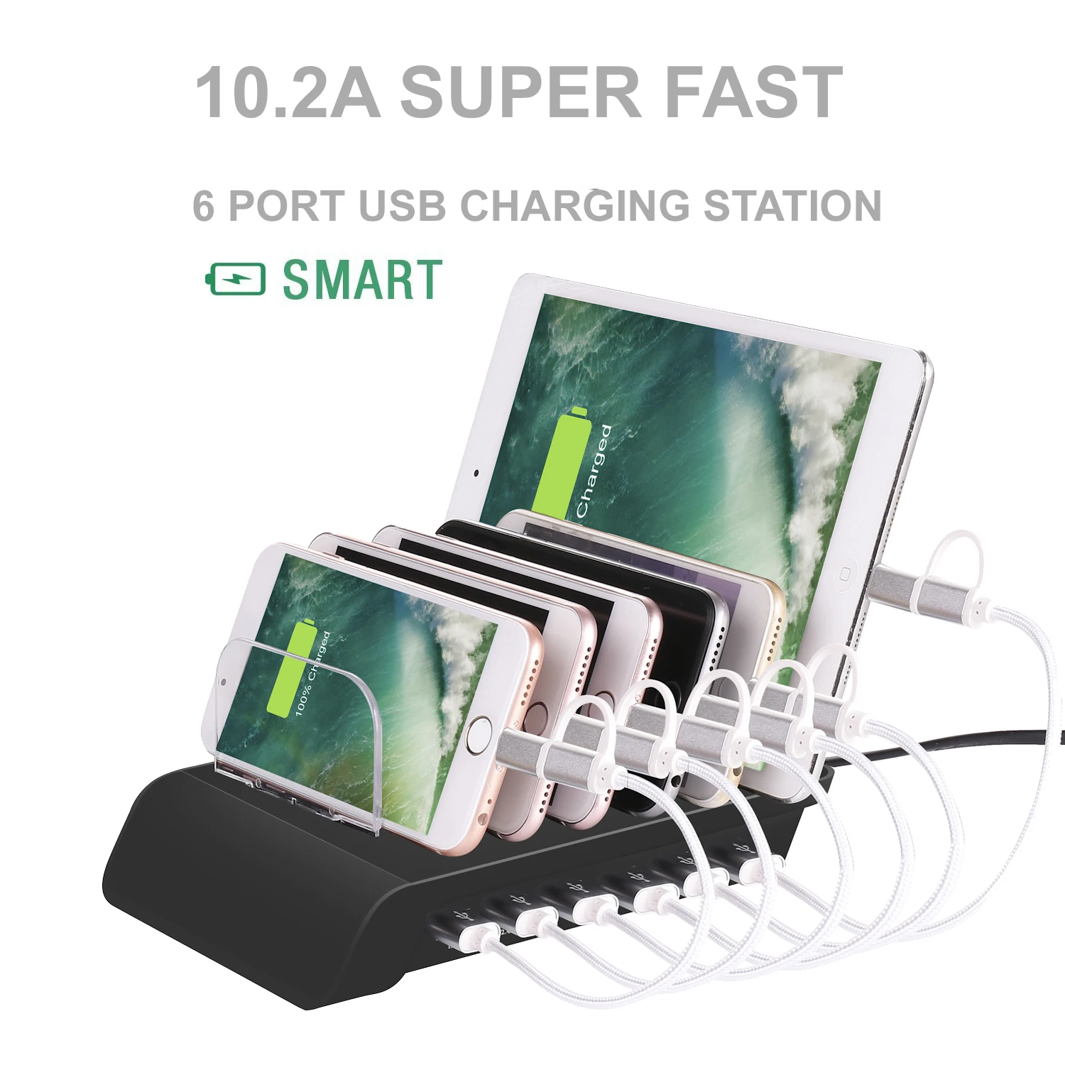 Universal Multi-Port 10.2A 6 Port USB Charging Station Universal Desktop Tablet & Smartphone Multi-Device Hub Charging Dock