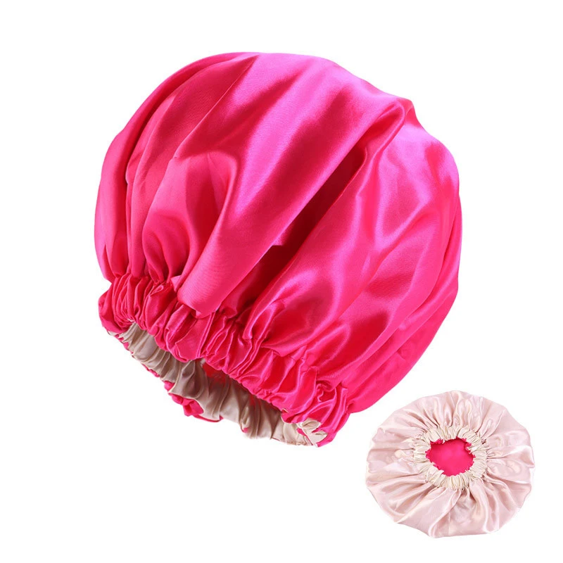 HaoKey Large Reversible Double Layer Silk Satin Shower Cap Sleep Hat Hair Care Elastic Bonnet