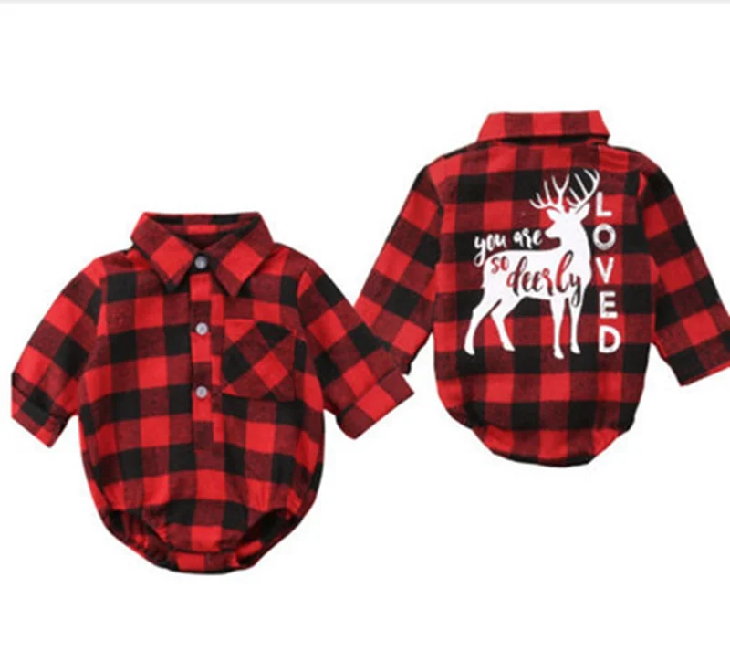 Newborn Christmas Romper Cartoon Elk Baby Girls Boys Plaid Rompers 4Size for 0-18M