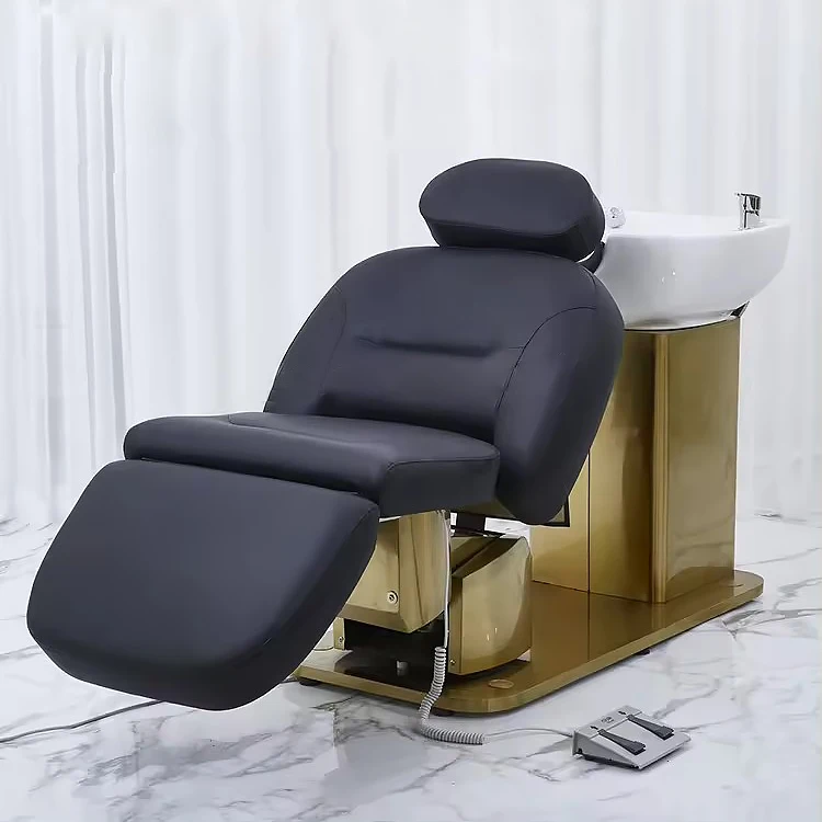 Modern high end reclining shampoo chair electric adjustable gold stainless steel beauty salon head wash chair for barbershop