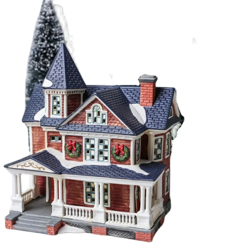 
Hand Painted Ceramic Christmas Sculpture House Porcelain Christmas Village Ornament With Led Light 