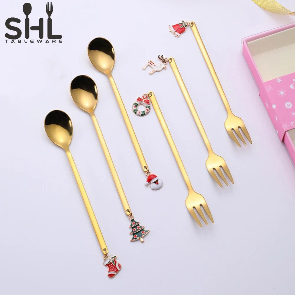 304 Stainless Steel Christmas Design Gold Stirring Cute Dessert Coffee Spoon Fork Set For Gift