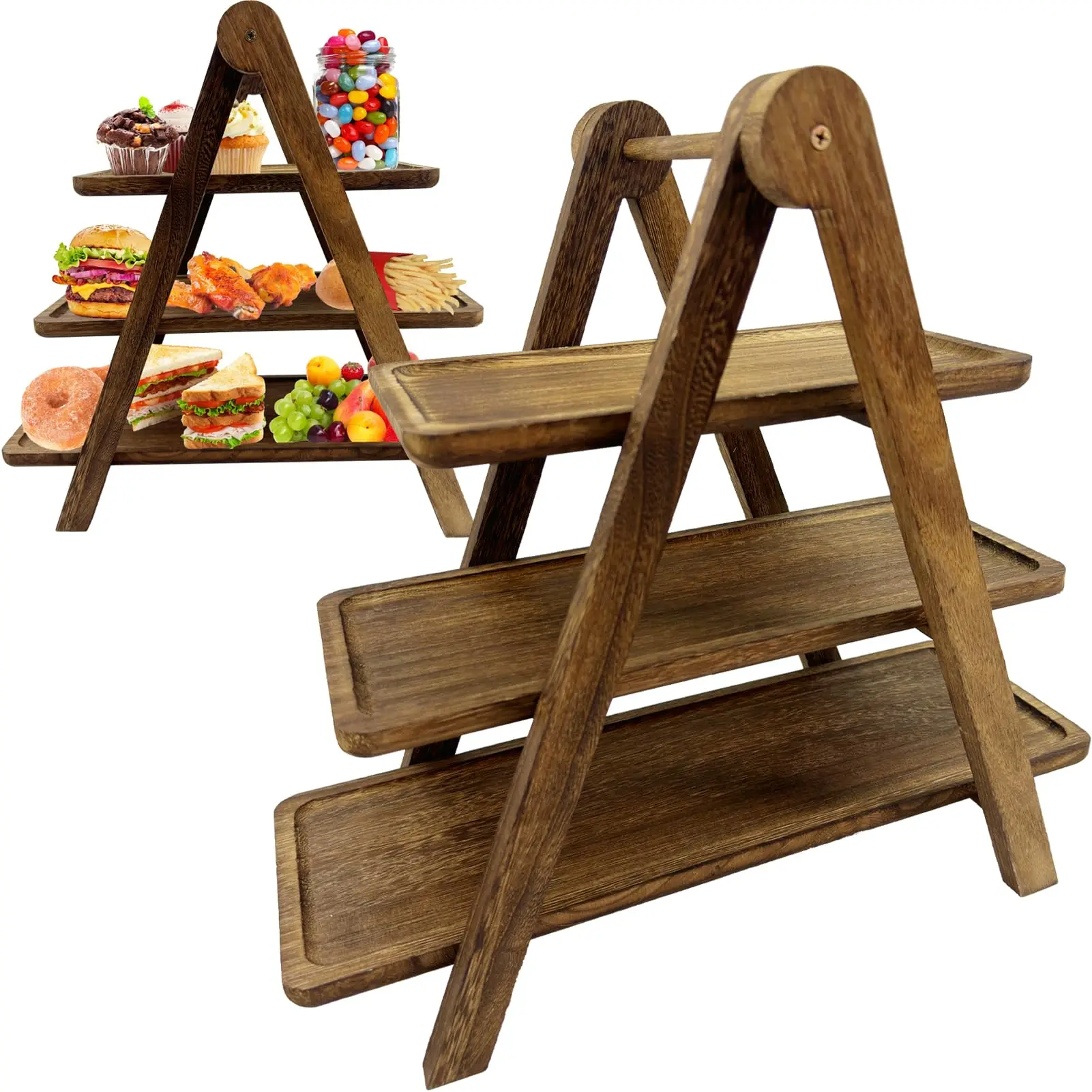 Customized Wooden 3 Tier Serving Tray Wood Cupcake Stand Rectangle Serving Platter Food Display Trays for Party