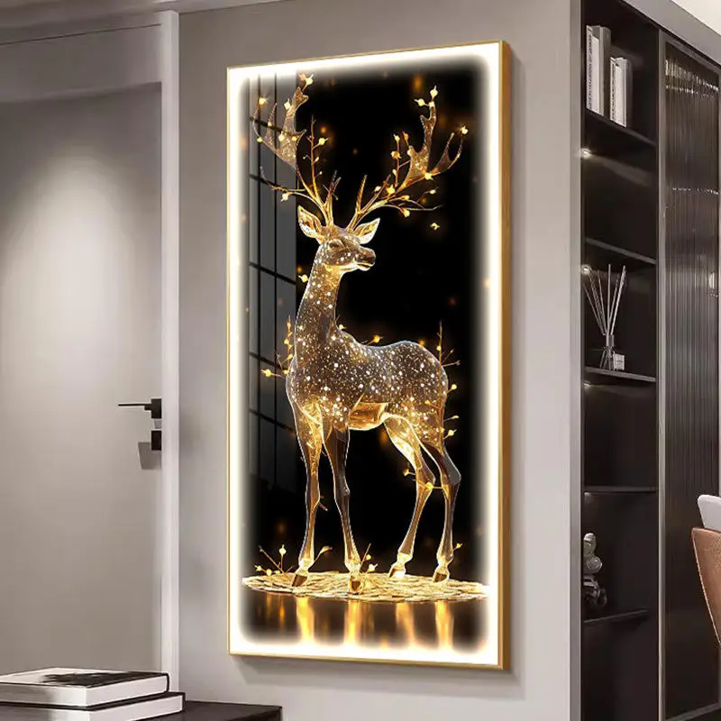 Modern decoration luxury custom led light animal deer artwork led crystal porcelain painting wall art