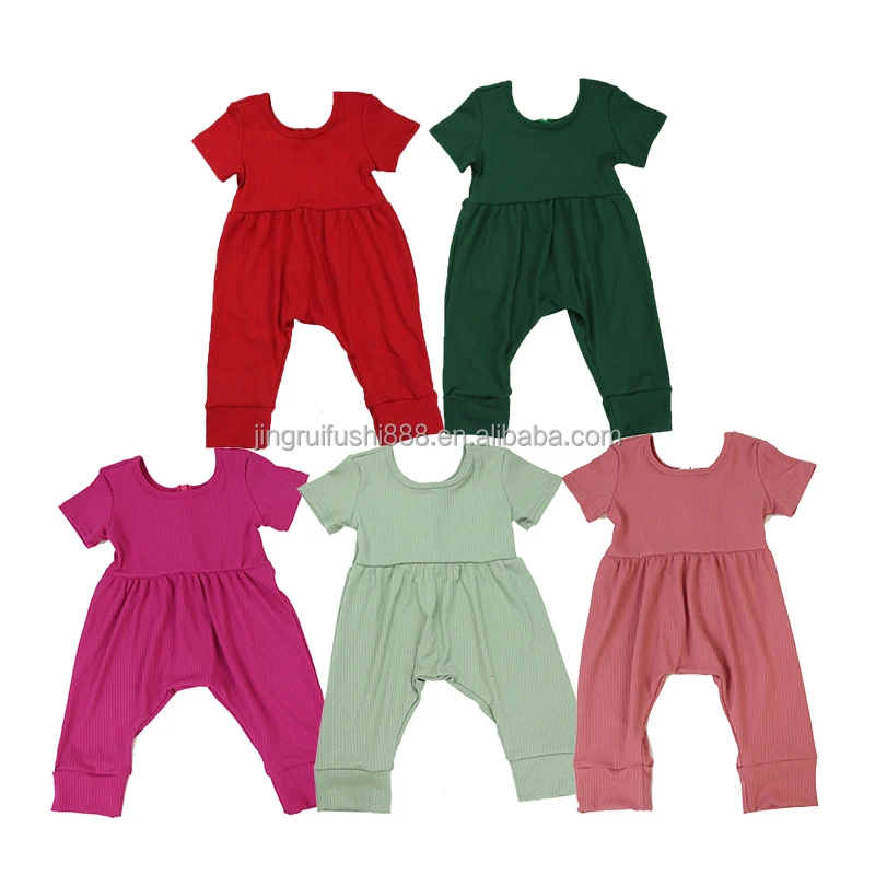 2024 Hot Selling Multi Solid Color Ribbed Fabric Kids Jumpsuits Back Zipper Short Sleeve Kids Girls Casual Rompers