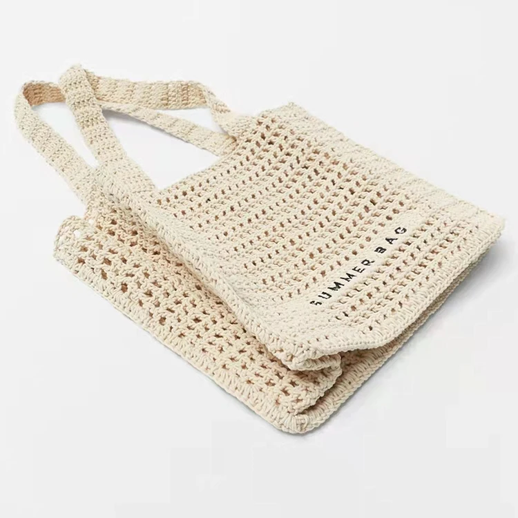 Factory Custom New Style Large Capacity Shopping Hollow Out Soft Cotton Crochet Knitted Tote Bag