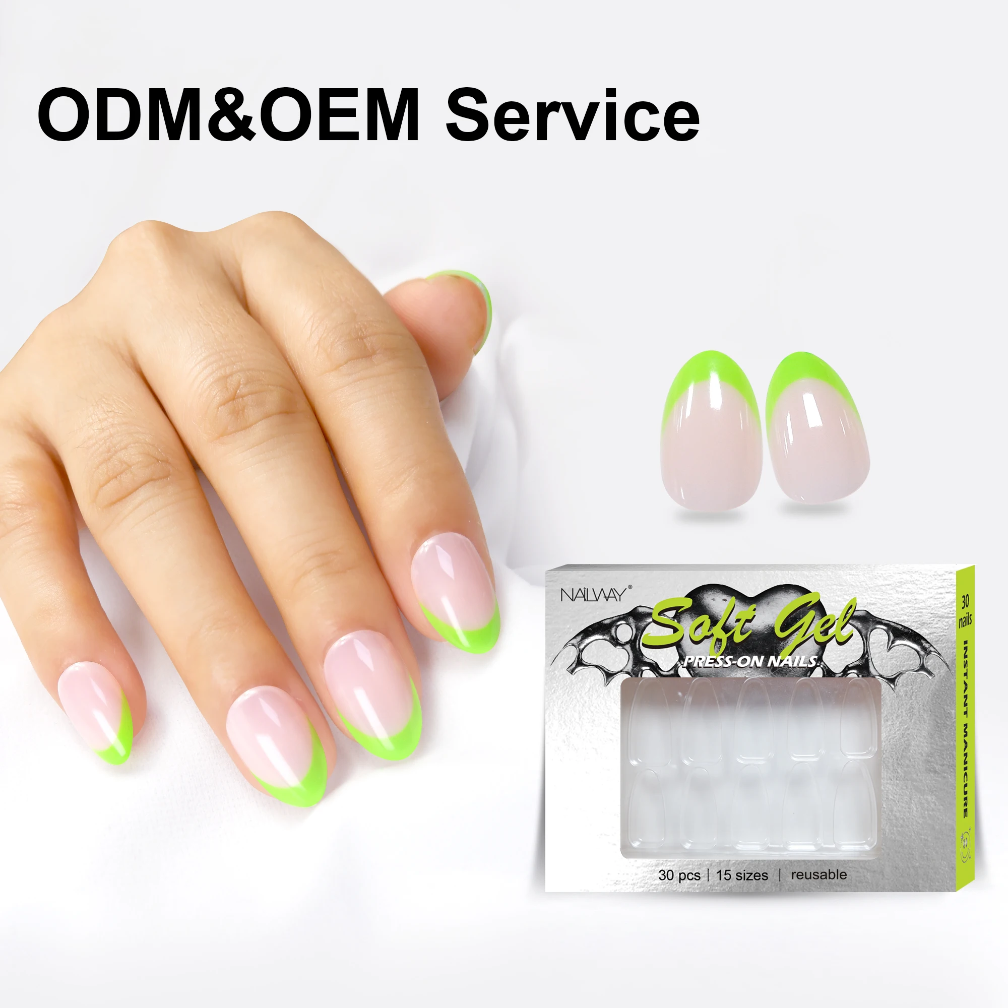 Nailway New Design Wholesale Glossy Short Oval 15 Sizes 30Pcs Artificial Fake Nails Soft Gel Press On Nails