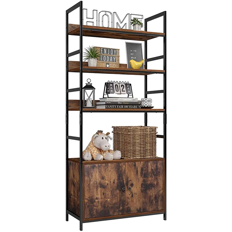 Wooden Mesh Storage Organizer  5-Tier Bookshelf Home Office Bookcase with 2 Drawers