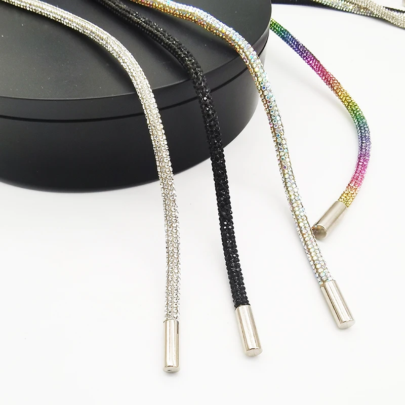 Shinny 2mm Diamond Strip String Cord With Metal Tip Stopper Hoodie Drawstring Bling Crystal Shoelace Rhinestone Rope 6mm