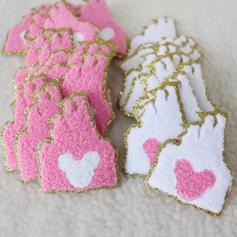 wholesale Custom castle mickey logo gold glitter chenille patches