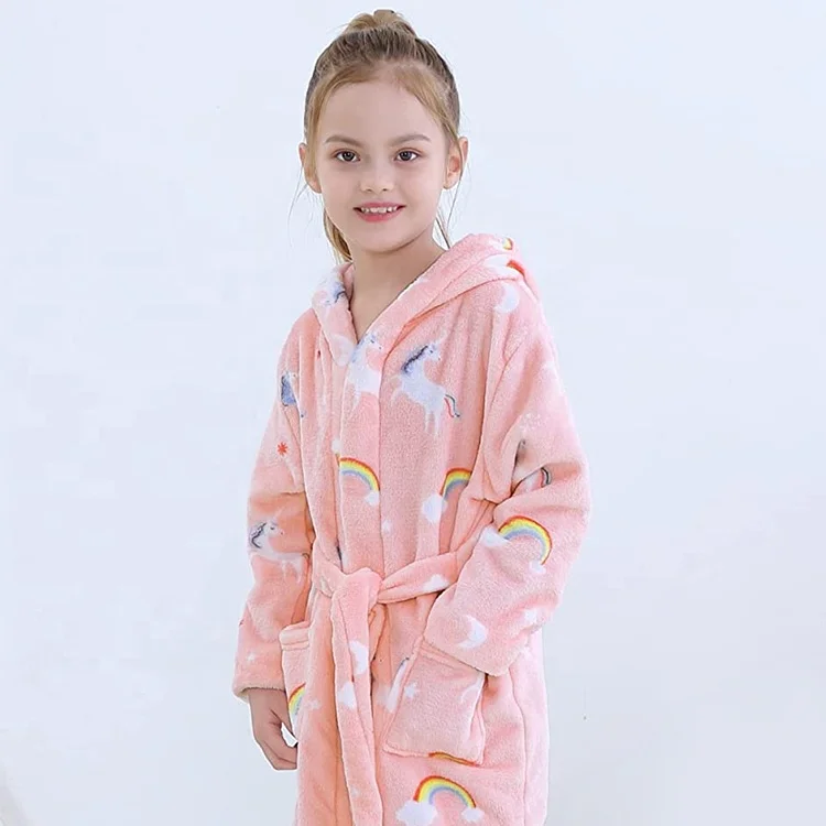 Custom pink print hooded fuzzy flannel kids bathrobes with belt and pockets children bathrobe for gift