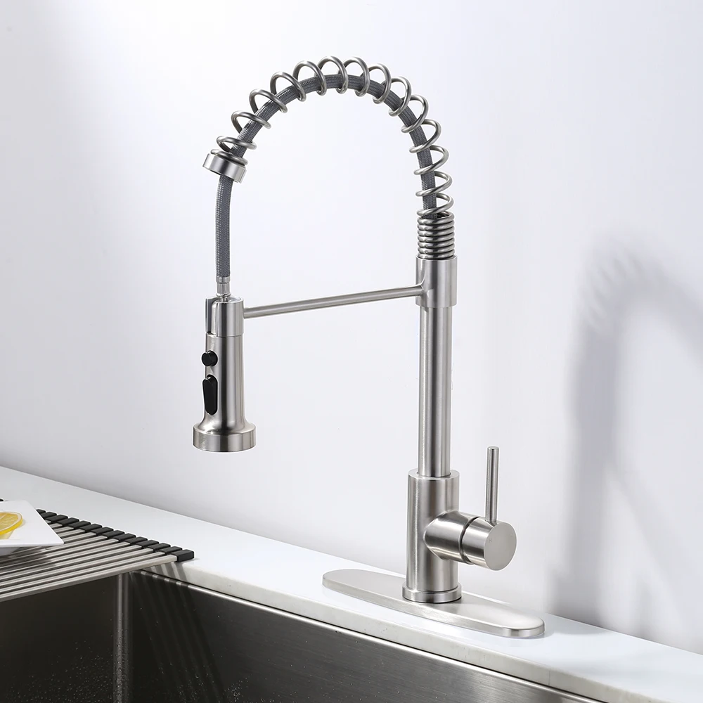 Stainless Steel Spring Kitchen Faucet Single Hole with Deck Plate Pull Out Kitchen Sink Mixer Tap