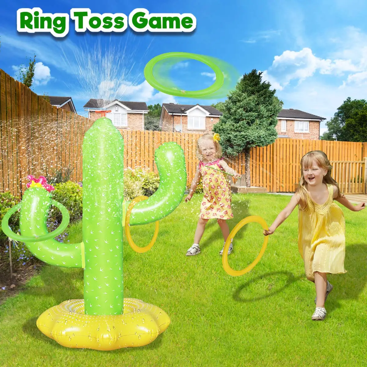 Summer Water Fun Inflatable Cactus Sprinkler Toys  For Kids  Giant Cactus Ring Toss Game Water Splash Toy