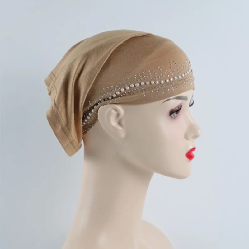New Arrival Pearl Beaded Turban Underscarf Muslim Women Stretchy Modal Bronzing Diamond Jersey Inner Hijab Cap