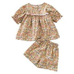 Baby Girl Floral Clothes Set Tshirt+Shorts 2PCS Infant Toddler Child Summer Suit Pastoralism Outfit Floral Baby Clothes 1-7Y