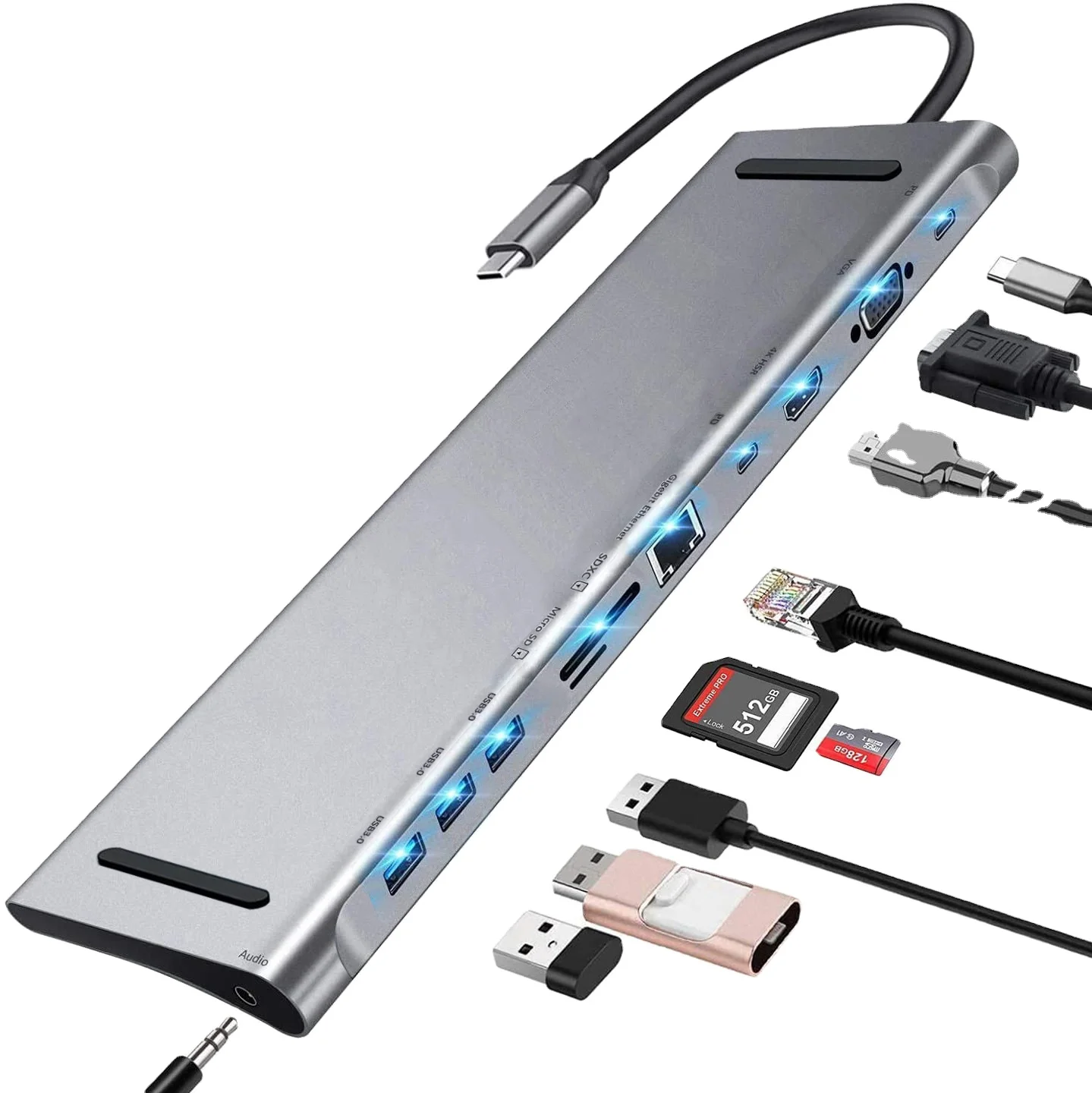 11 in 1 USB C Hub Multifunction Type C Docking Station HDTV 4K VGA RJ45 Ethernet Card  11 Port USB C Docking Adapter for Laptops