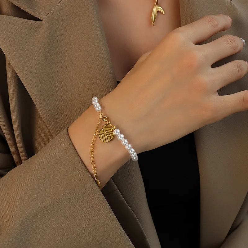 AZL Chinese style pearl bracelet boudoir bracelet titanium steel 18K gold bracelet
