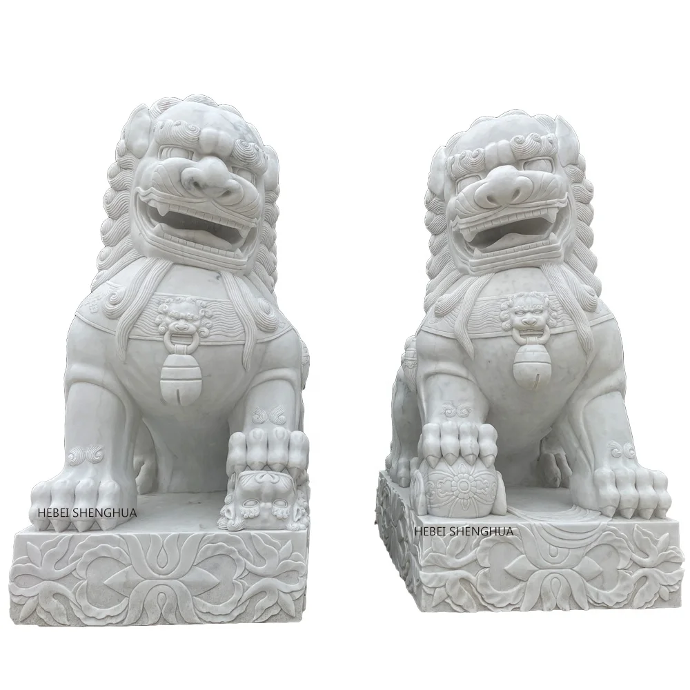Entrance Decoration Natural White Marble Carved Foo Dog Lions Statue For Sale