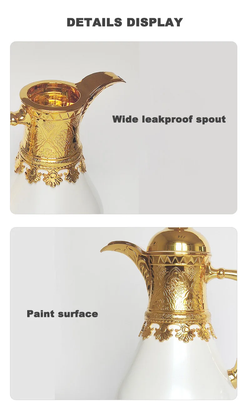 0.5L+0.8L Turkish Style Top Quality Glass Liner Luxury Unique Metal Thermal Tea Pot Golden Vacuum Thermos Tea Kettle